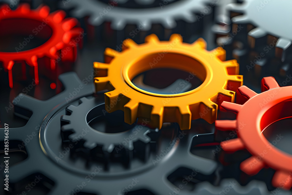 Poster close-up of interlocking gears in vibrant colors, showcasing mechanical precision and design
