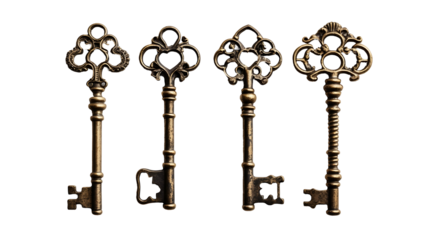 Vintage key set featuring a collection of antique metal keys with intricate designs, classic old-fashioned locksmith tools for collectors