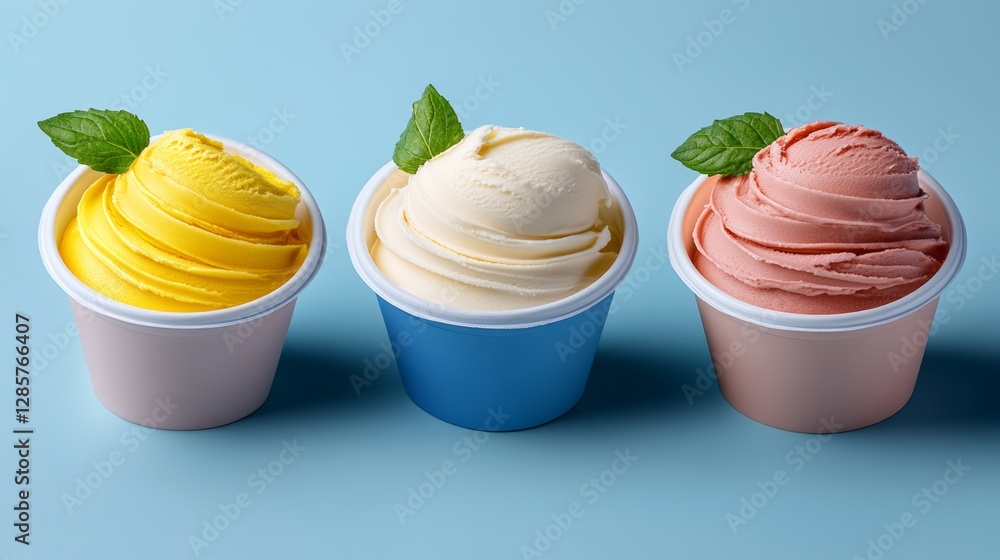 Poster three ice cream cups with different flavors and one with a leaf on top. the cups are arranged in a r