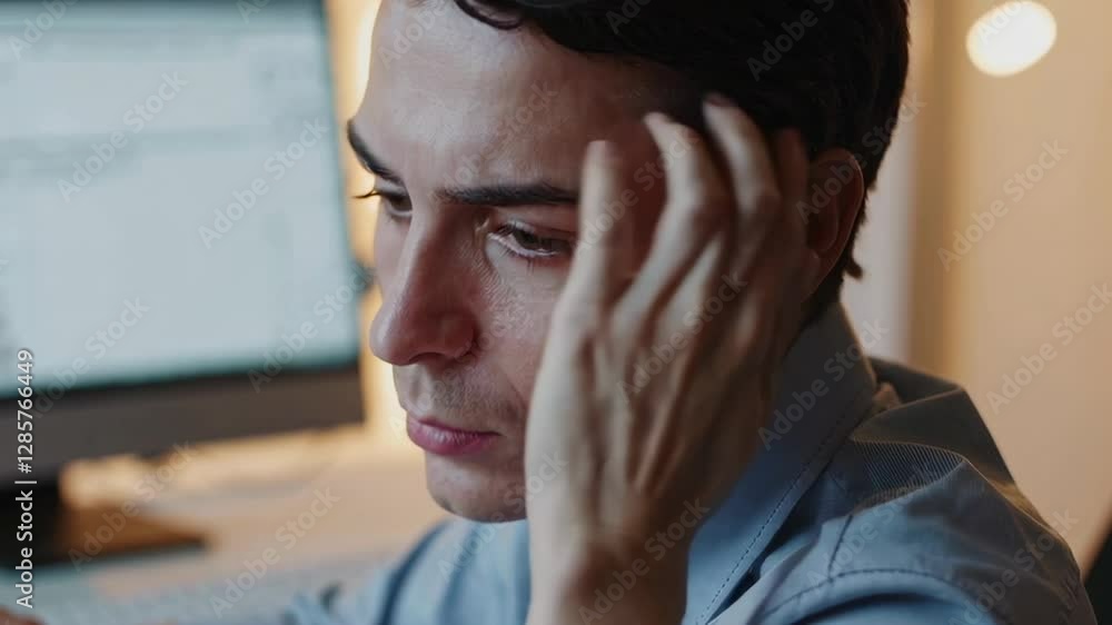 Poster professional office worker experiencing intense headache, pressing forehead with hand while demonstr