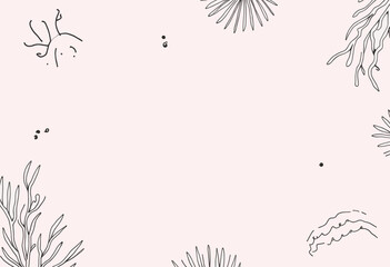various line drawings of plants and flowers, including a large plant on the left, a small plant in the center, and a larger plant on the right, all set against a light pink background.