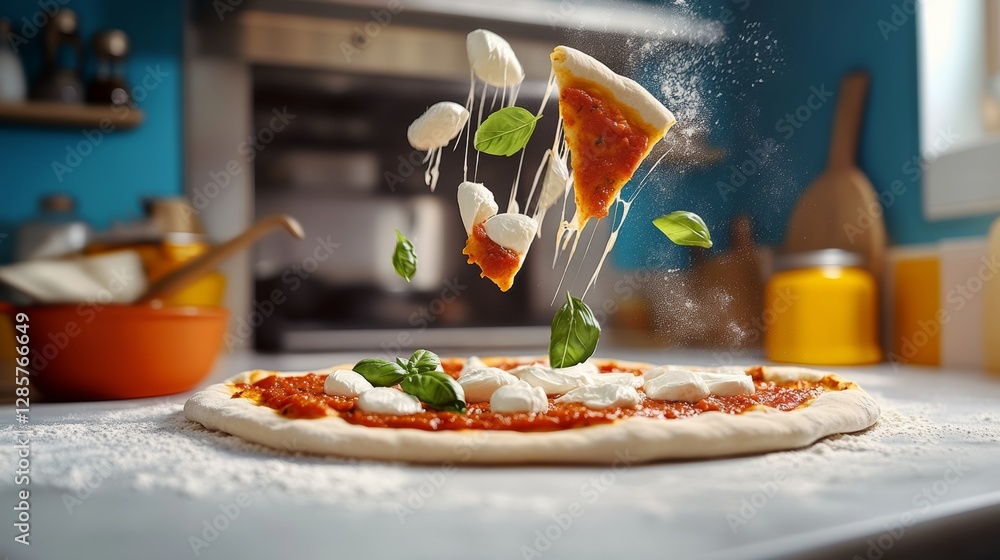 Poster slice of pizza with cheese and basil on top is being pulled apart. concept of indulgence and enjoyme