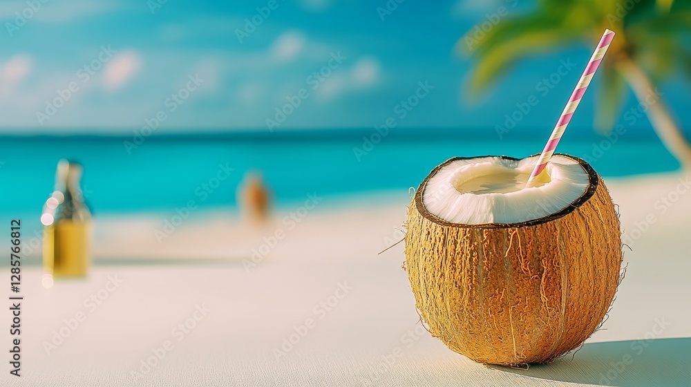 Poster coconut with a straw in it is sitting on a beach. the beach is empty and the ocean is calm