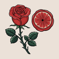 Red Rose Floral Vector Illustration with Petals and Leaves