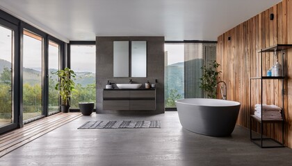 Fototapeta premium Gray and wooden bathroom interior with tub