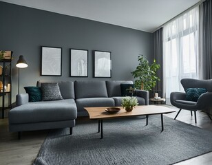 Gray living room with sofa and table