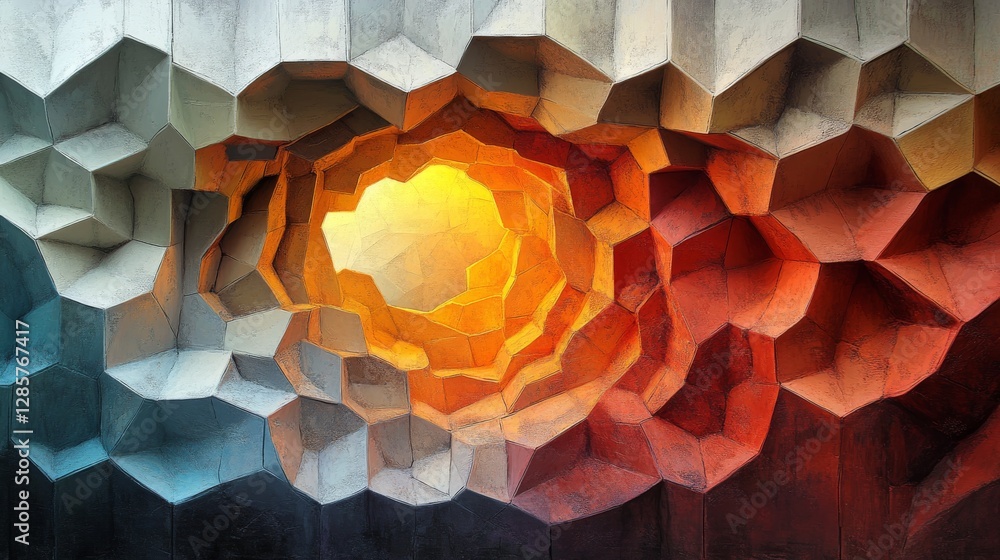 Poster hexagonal geometric artwork showing different colors and a central light source