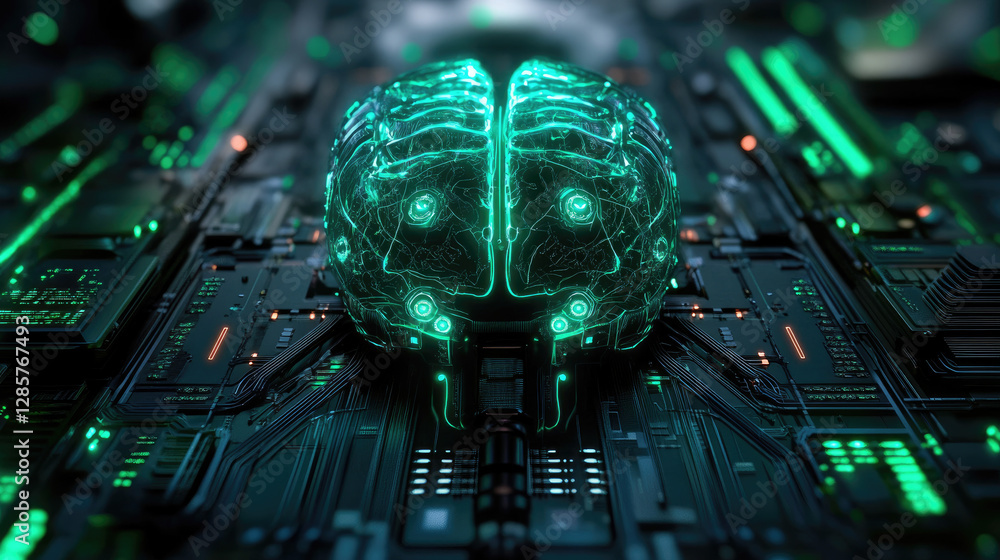 Poster exploring the biomechanical brain advanced cyber intelligence in a virtual cloud environment neon gl