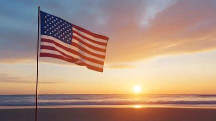 American Flag Waving at Beach During Beautiful Sunset Symbolizing Freedom : Generative AI