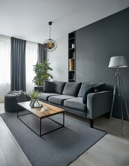Gray living room with sofa and table