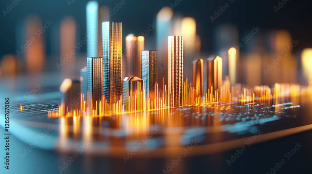 Poster visualizing urban economic growth a cityscape of financial graphs and bar charts in a dynamic busine