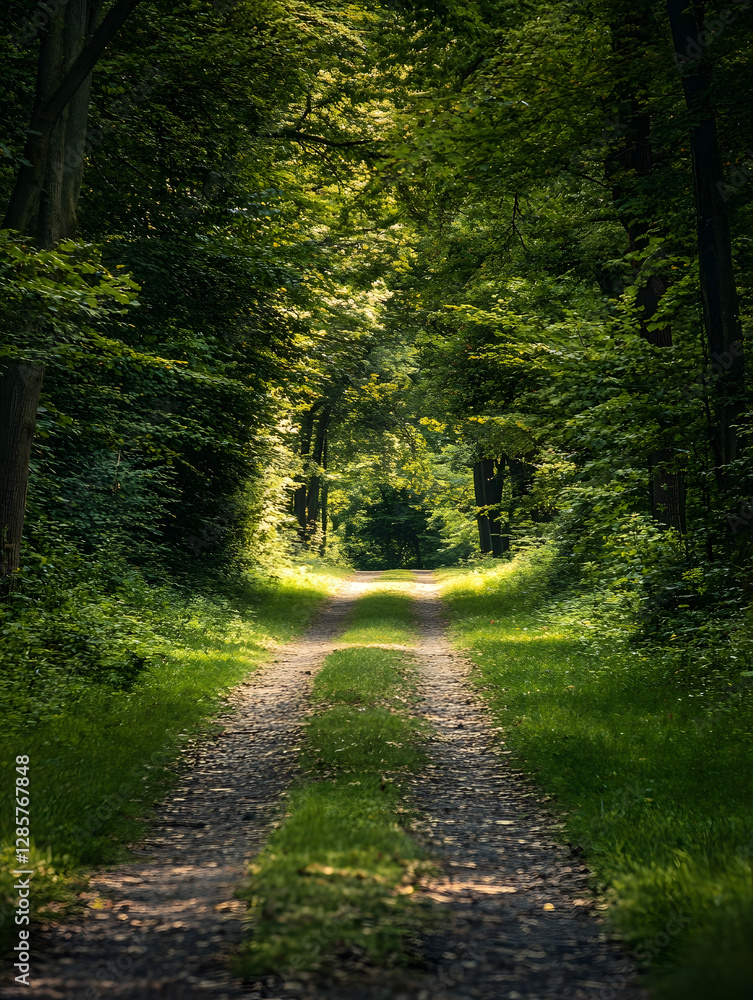 Aufkleber peaceful forest pathway with lush greenery and tall trees : generative ai
