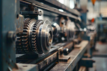 Obraz premium Close-up of industrial machinery showcasing gears and components in a workshop setting