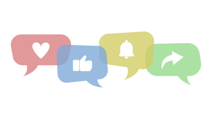 Overlapping speech bubbles in different colors containing social media icons, including a heart, a thumbs up, a notification bell, and a share symbol.
