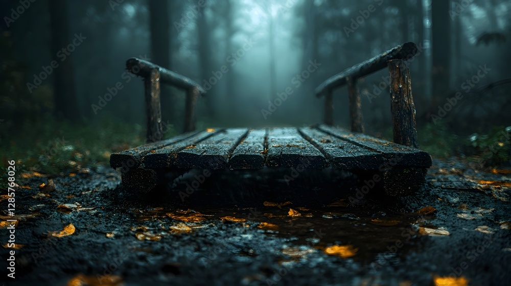 Poster scenic photograph of a rustic wooden bridge with handrails standing over a small river flowing throu