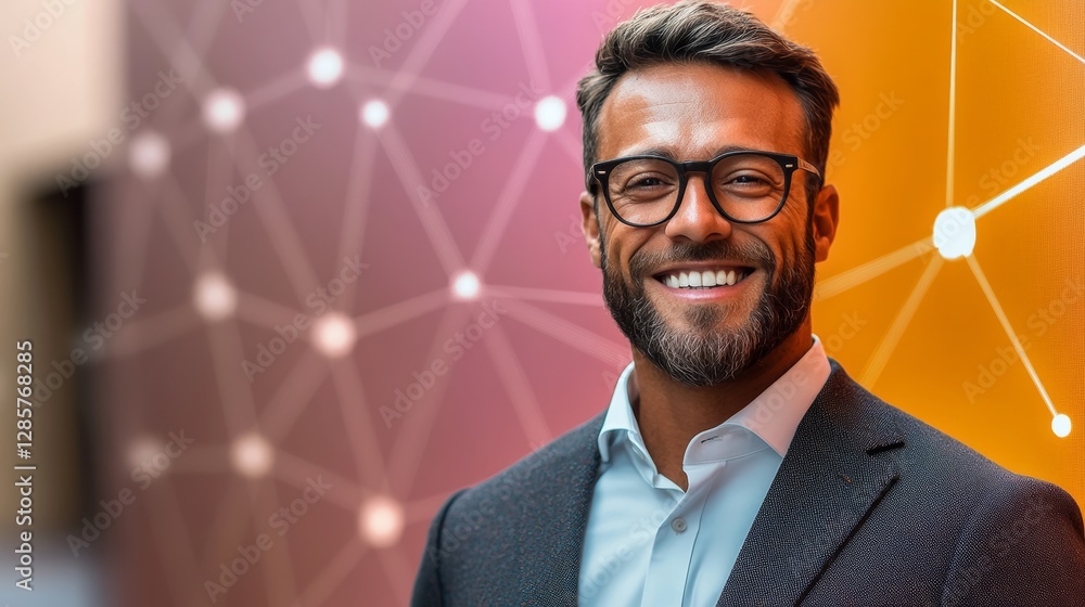 Poster man wearing glasses and a suit is smiling at the camera. the image has a colorful background with a 