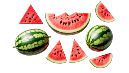 A set of fresh watermelons with whole and sliced pieces, vibrant red fruit with green rind, isolated on a clean background