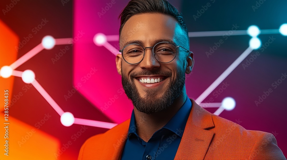 Poster man with glasses is smiling and wearing an orange jacket. the image has a colorful and vibrant feel 