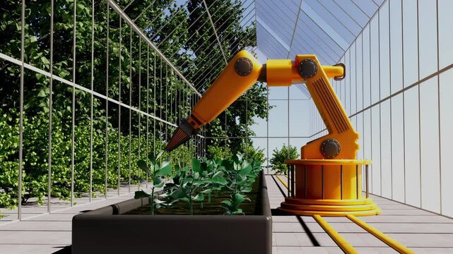 A robot is standing in front of a plant in a greenhouse. The robot is yellow and he is a machine designed to help with plant care. The greenhouse is filled with greenery