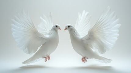 Fototapeta premium White doves fly on a white background, symbolizing peace and love Ample space for text
