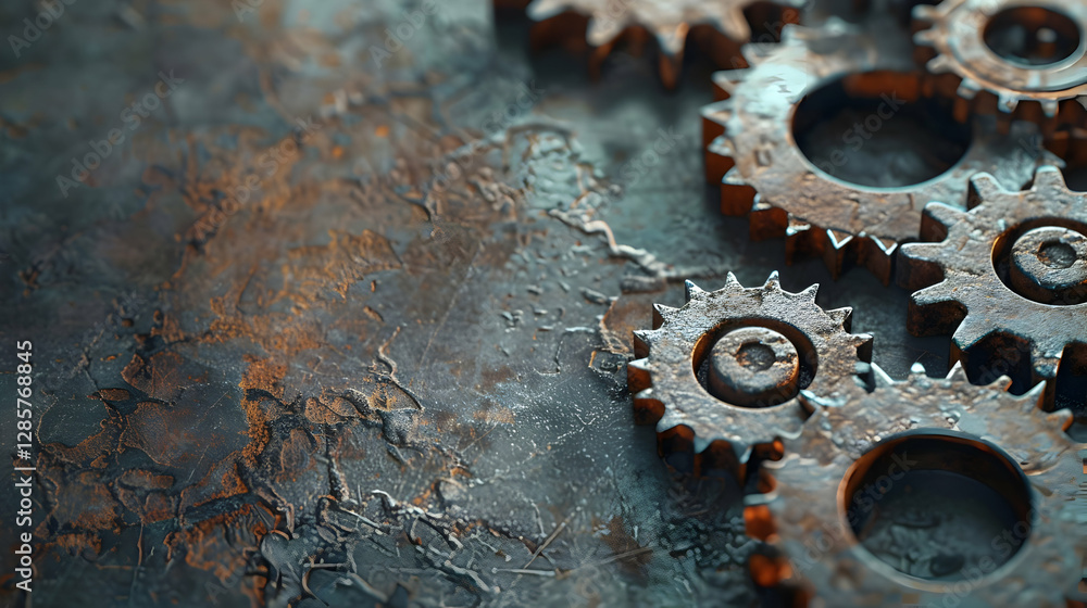 Poster close-up view of rusty gears on a textured metallic surface, showcasing industrial design elements