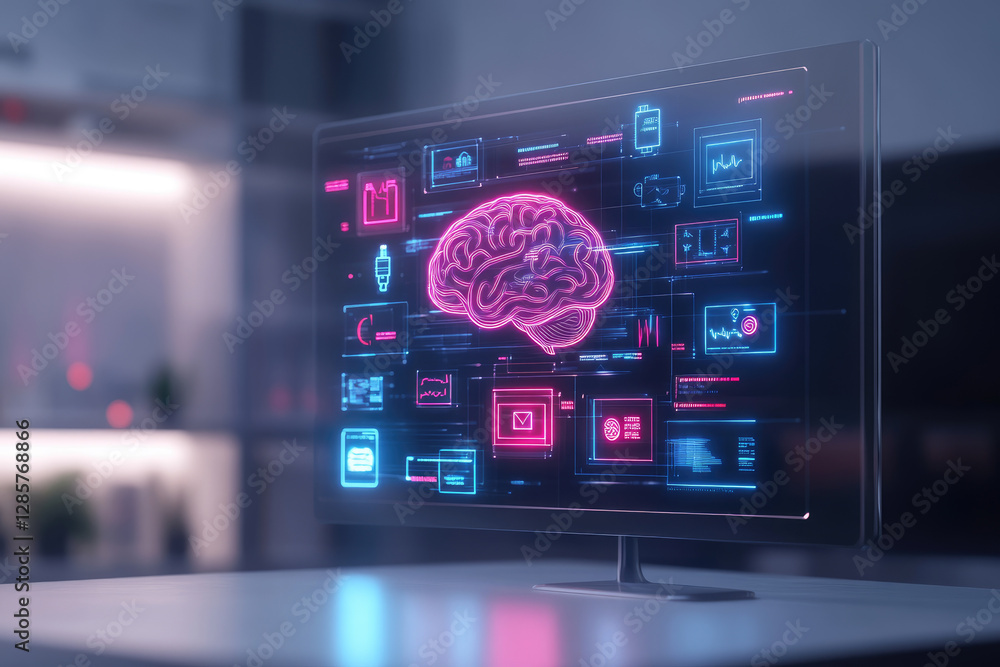 Poster exploring digital contemplation transparent brain and ai holograms in futuristic marketing icons vir