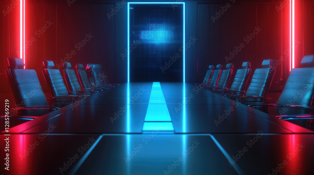 Poster navigating crisis leadership in a futuristic boardroom with malfunctioning holograms a digital repre