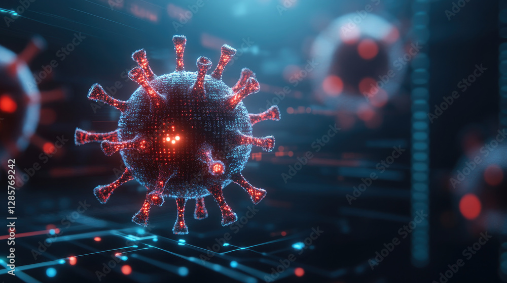 Aufkleber digital virus infecting value systems cyber glitch effect with glowing red nodes on black background