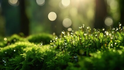 Obraz premium A detailed close-up of vibrant green moss with tiny dewdrops glistening in soft sunlight, highlighting the delicate textures and fresh, natural beauty of the forest floor
