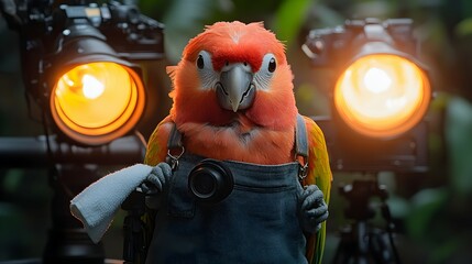 Obraz premium Parrot Photographer with Camera Gear and Overalls in Studio Lighting