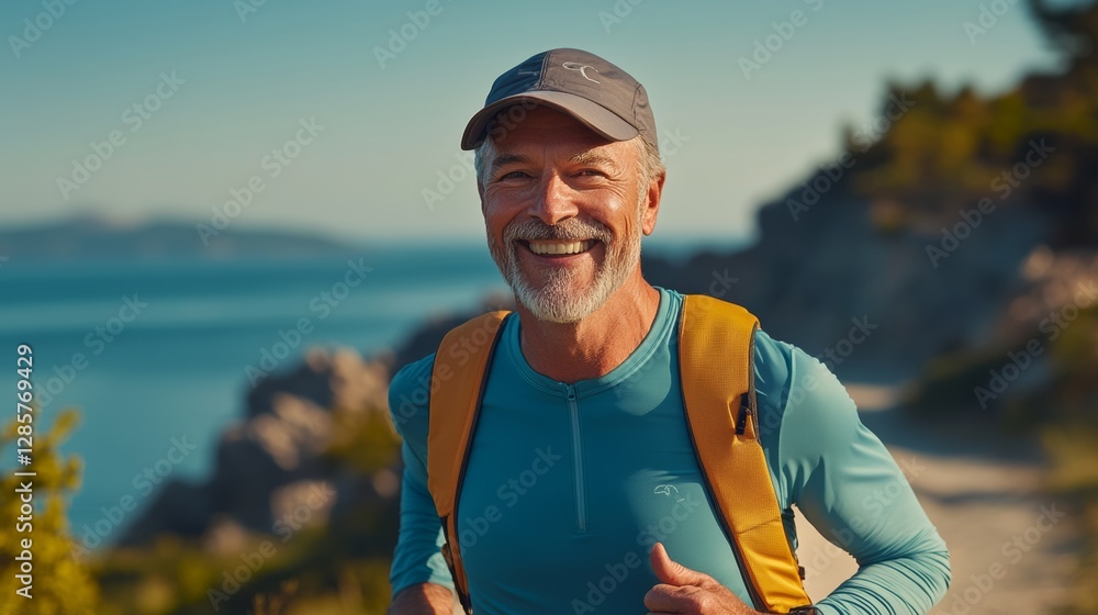 Poster man is running with a backpack and a hat on. he is smiling and he is enjoying himself