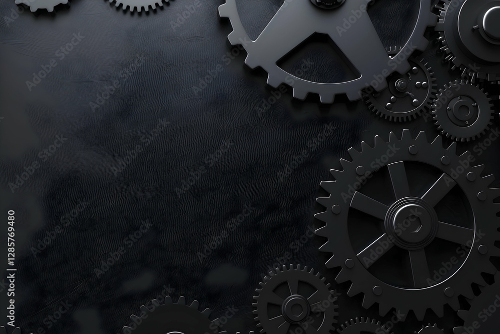 Poster black gears and cogs arranged artistically on a dark surface, creating a mechanical backdrop