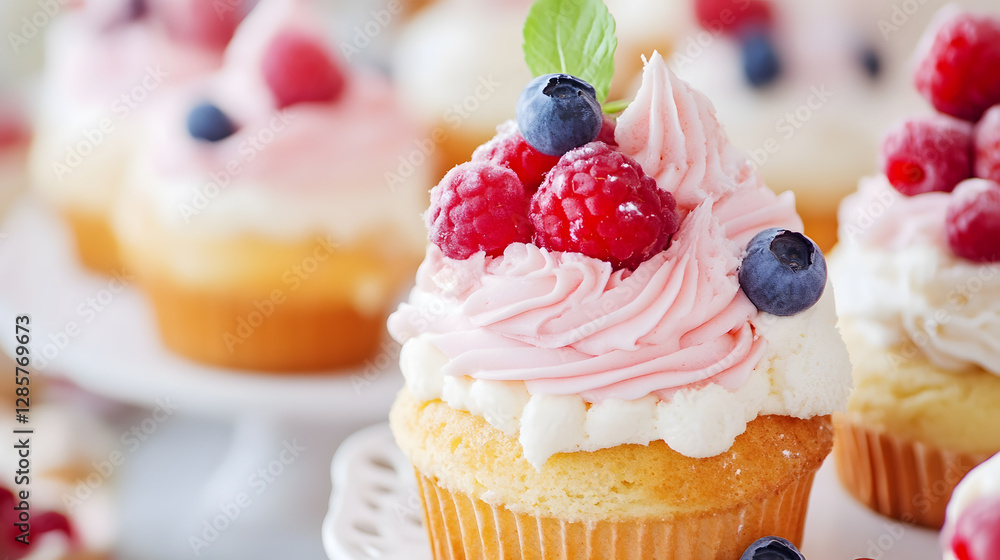 Poster delicious array of fresh berry-topped cupcakes with whipped cream frosting : generative ai
