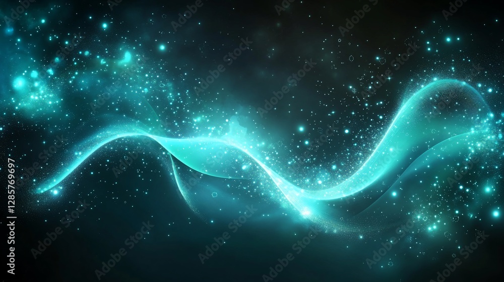 Aufkleber abstract teal waves of light with sparkling particles on a dark background