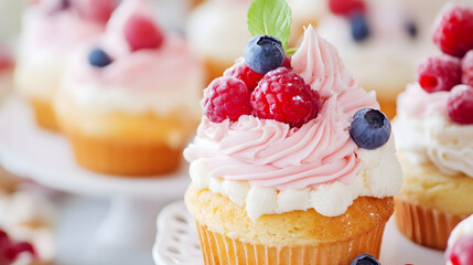 Delicious Array of Fresh Berry-topped Cupcakes with Whipped Cream Frosting : Generative AI