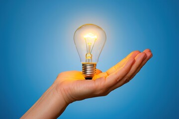 Human hand holding glowing light bulb against blue background, symbolizing bright ideas