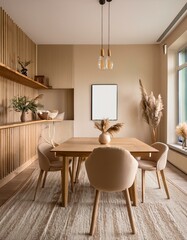 Beige living room interior with sideboard and dining table, mockup frame