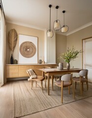 Beige living room interior with sideboard and dining table, mockup frame