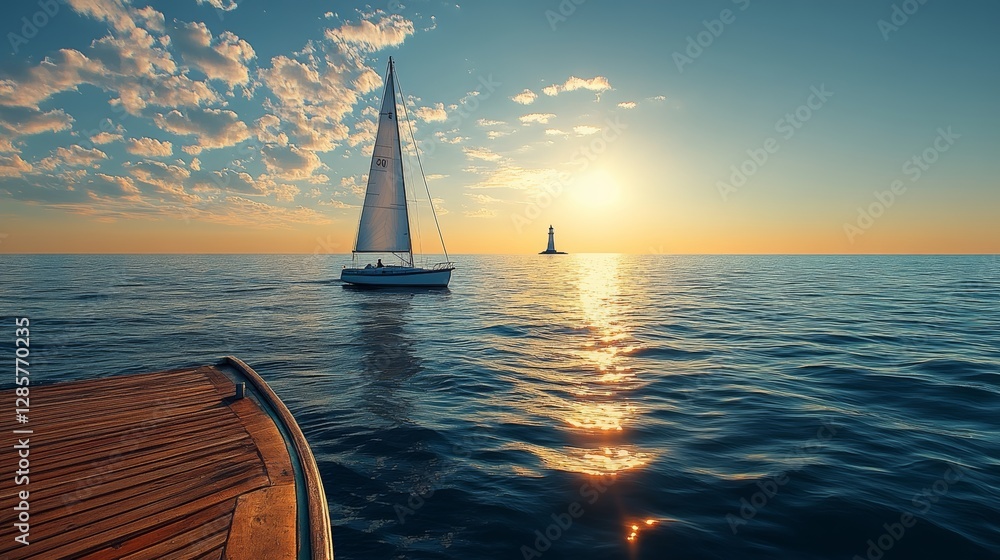 Poster sailboat is sailing in the ocean with the sun setting in the background. the sky is filled with clou