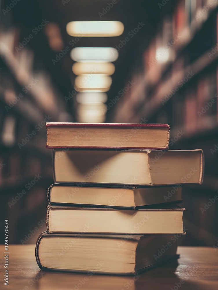 Poster Stack of Old Hardcover Books in Dimly Lit Library Corridor with Blurred Background : Generative AI
