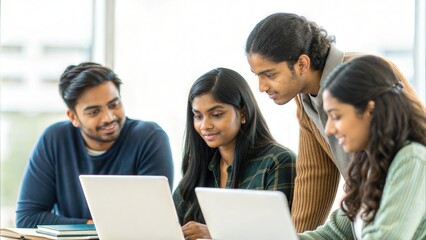 Indian Students Collaborating on Group Research

