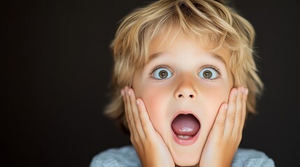 Young boy with blonde hair and a surprised expression on his face. He is holding his hands up to his face, as if he is shocked or surprised