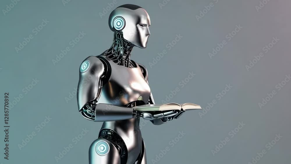 Poster Metallic silver humanoid robot reading open book, representing artificial intelligence learning and evolving through knowledge acquisition in slow motion