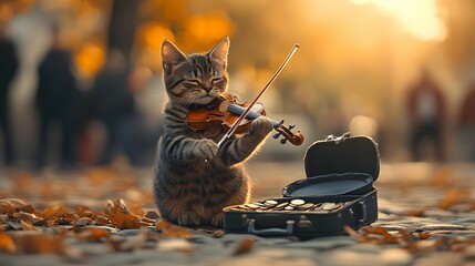 Kitten Playing Violin on Street with Autumn Leaves and Open Case