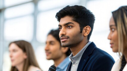 Fototapeta premium Indian Student Moderator Leading a Panel Discussion 