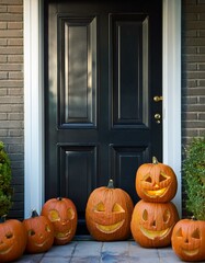 Obraz premium Carved pumpkins near black house door