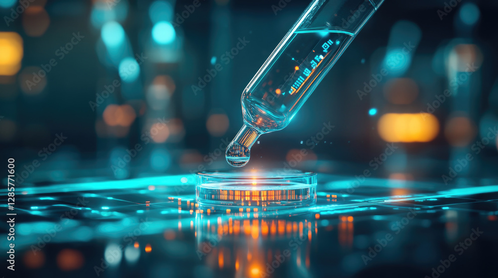 Poster pipette hovering over a glowing solution in futuristic biotech chemistry experiments laboratory envi