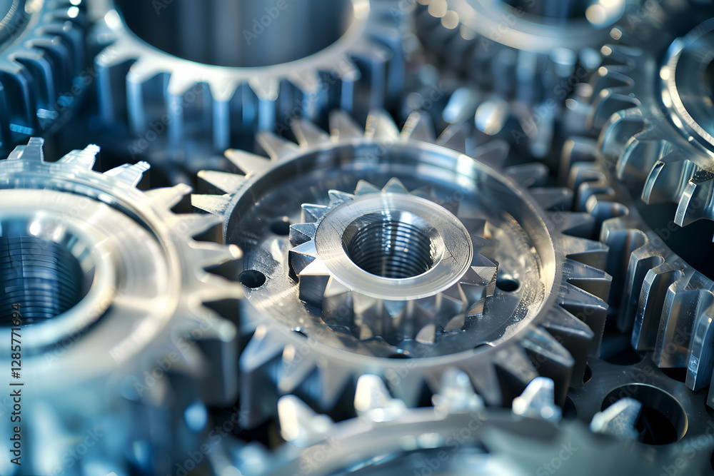 Poster close-up view of shiny metal gears interlocking in a mechanical assembly, showcasing precision engin