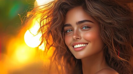 Fototapeta premium Woman with long brown hair and a bright smile. She is wearing a black dress and a necklace