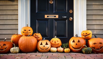 Obraz premium Carved pumpkins near black house door